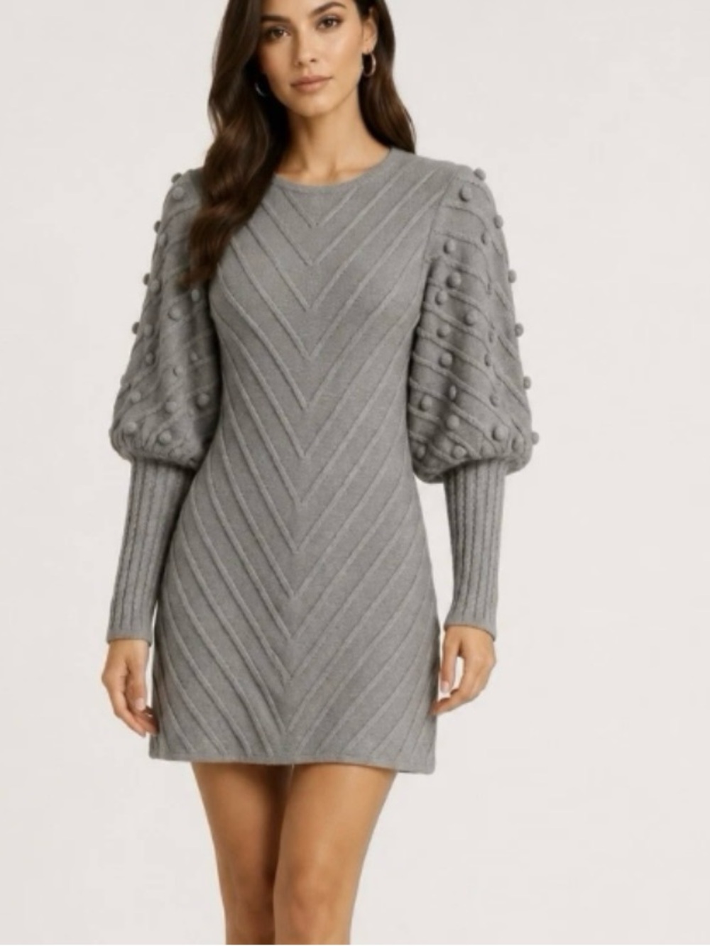 Avantlook Gray Knitted Sweater Dress with Textured Bubble Sleeves